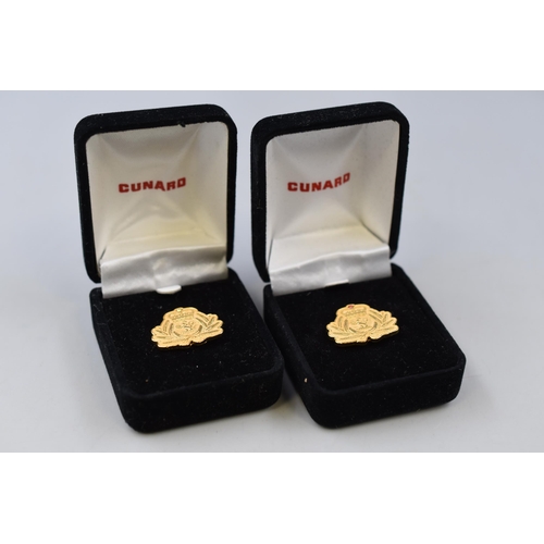 47 - Two Cunard Pin Badges, In Presentation Boxes. One Pin Badge is AF, And Both Boxes Are AF