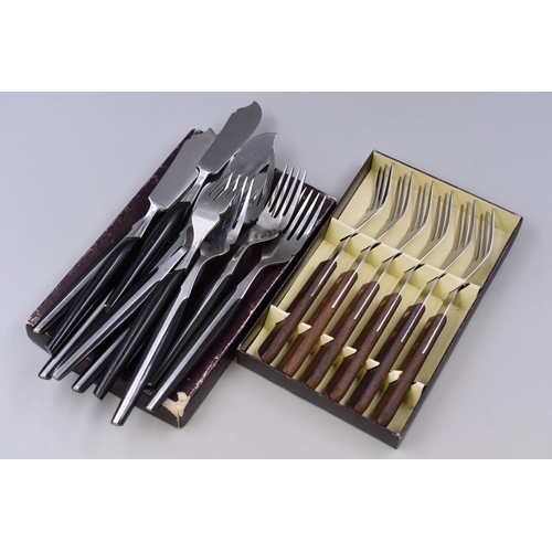 339 - A Set of Six Mid-Century Wood Handled Forks, With Set of Twelve Mid-Century Eldan Fish Knives/Forks