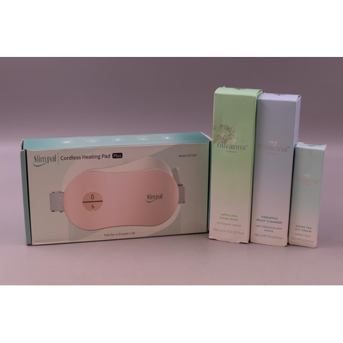 356 - Slimpal cordless heating pad plus with olivanna green tea eye cream, pineapple milky cleanser and ap... 