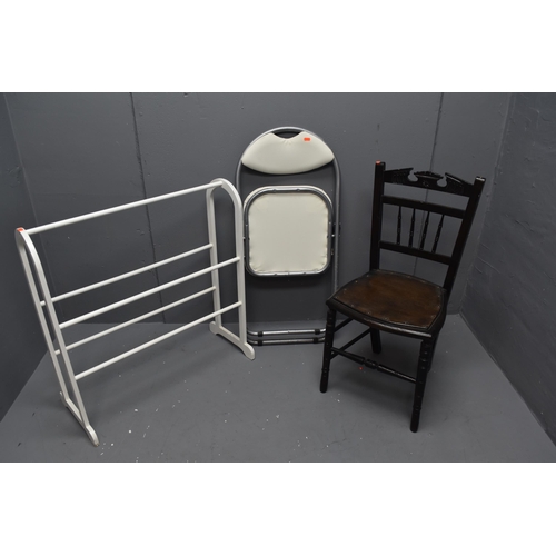 407 - Mixed lot of furniture to include a dark wood chair, a modern white foldable chair and a white woode... 