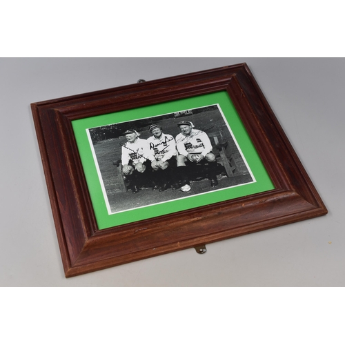 527 - Framed and Glazed Facsimile Signed Photo Of Three Football Legends, Denis Law, Nat Lofthouse and Tom... 