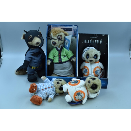 720 - Five limited edition Meerkat toys to include 3 Olegs, 2 BB-8 and1 PJ. 1 Batman and 1 Yakovs toy shop