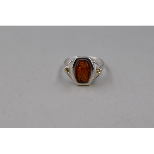 4 - Silver 925 Amber Stoned Ring Complete in Presentation Box