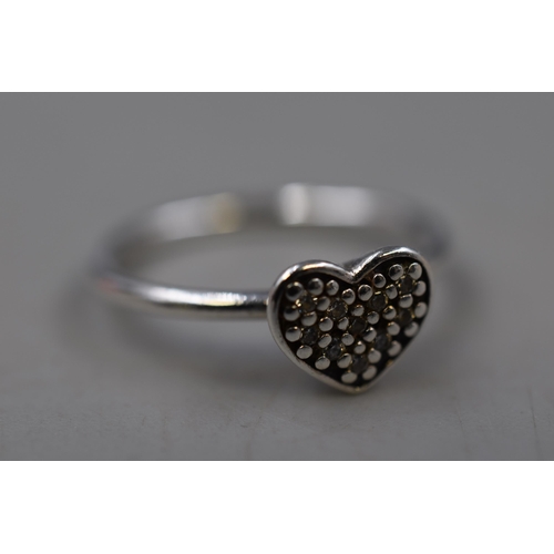 25 - Pandora Marcasite Shimmering Heart Ring (Size 56) Complete with Presentation Box