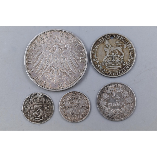 192 - Five Silver Coins To Include 1912 Frederick III 3 Mark, 1905 Wilhelm II 1/2 Mark, Two Silver UK Thre... 