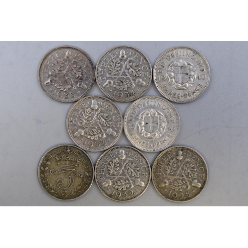 194 - Eight Silver George V & VI Three Pence Coins