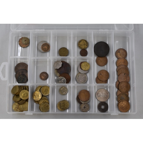 196 - A Selection of Various Unsorted Worldwide Coins, In Sectional Clear Plastic Box