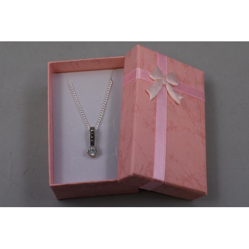 73 - Sterling Silver Necklace with Blue Topaz and Marcasite Pendant in Gift Box