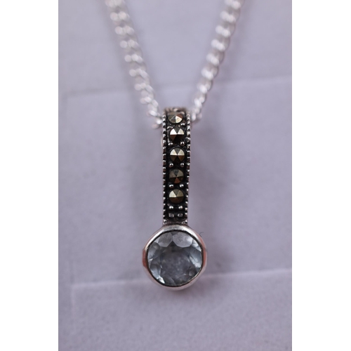 73 - Sterling Silver Necklace with Blue Topaz and Marcasite Pendant in Gift Box