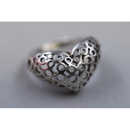 9 - A 925. Silver Heart Pattern Ring, Size N. In Presentation Box