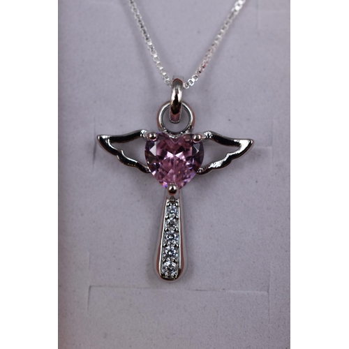 70 - A 925. Silver Pink Stoned Guardian Angel Pendant Necklace, In Presentation Box