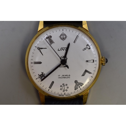 100 - A Uno 17 Jewels Mechanical Gents Masonic Watch, Working