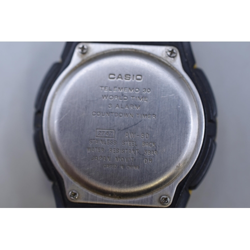 118 - A Casio Telememo 30 World Time 3 Alarm Countdown Timer Analogue/Digital Gents Watch, Working. AW-80