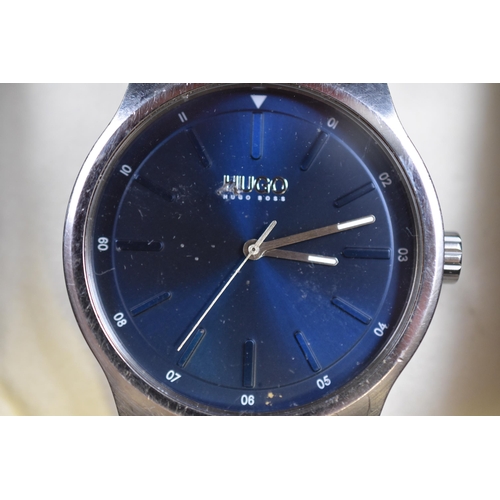 121 - A Hugo Boss Gents Blue Dial Quartz Watch, In Faux Leather Presentation Box. Working