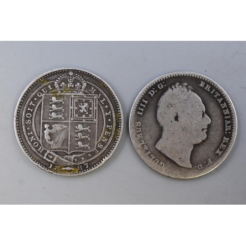 165 - William IIII 1834 Silver One Shilling and a Victorian 1887 Silver Jubilee Head Shilling