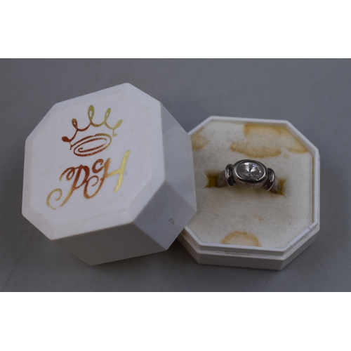 7 - A 925. Silver Large Clear Stoned Ring, Size J. With Presentation Box