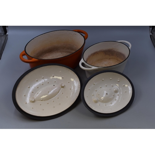 374 - Two Cast Iron Casserole Pots Orange and White