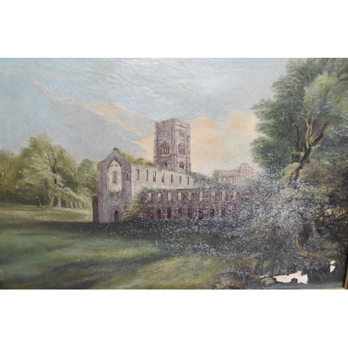 395 - A Gilt Framed Original Oil on Canvas Painting Depicting Fountains Abbey (Approx 57cm x 73cm), With F... 