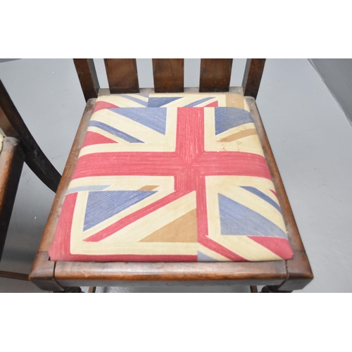 513 - A Pair of Vintage Oak Barley Twist Leg Dining Chairs, With Union Jack Upholstered Seats. Approx 98cm... 