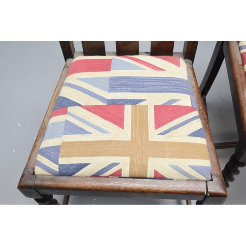 513 - A Pair of Vintage Oak Barley Twist Leg Dining Chairs, With Union Jack Upholstered Seats. Approx 98cm... 