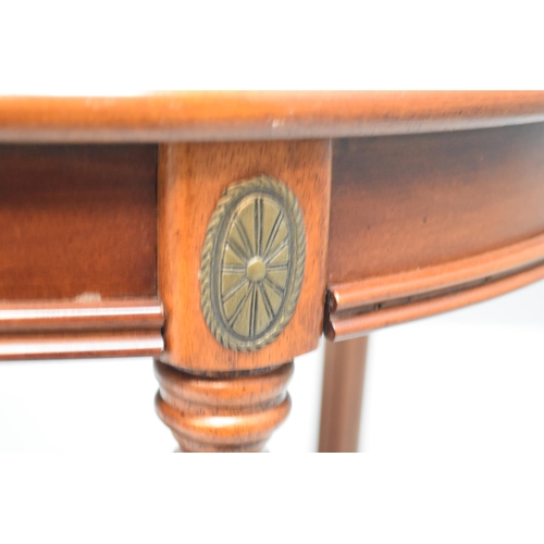 597 - An Inlaid Wooden Columnal Leg Side Table, With Brass Decoration. Approx 70cm x 57cm x 53cm