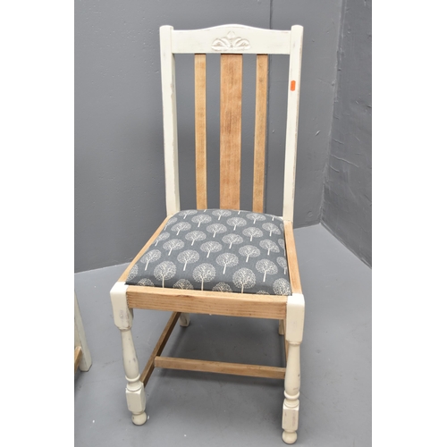 608 - A Pair of Distressed Oak Dining Chairs With Reupholstered Grey Tree Pattern Seats, Approx 95cm Tall