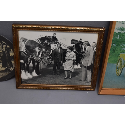 667 - Two Framed Photographs of Thwaites Shire Horses, With Two Wall Mounted Etched Slates Depicting Shire... 