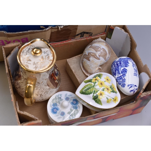 720 - A Two Box Mixed Lot To Include Wedgwood Clementine, Spode, Coalport Old Willow, Gaudy Welsh, Three G... 