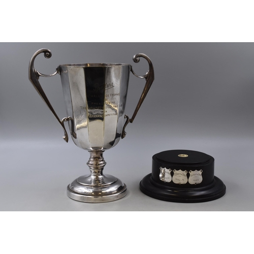 10 - Large Silver Plated Engraved Trophy Sitting on Plinth Decorated with Hallmarked Sterling Silver Name... 