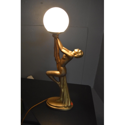 279 - Stunning Large Art Deco 1930's Chalkware Brass Effect Naked Lady Lamp working when tested approx 27