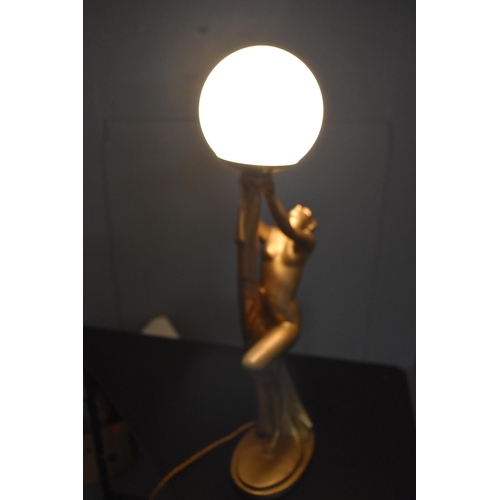 279 - Stunning Large Art Deco 1930's Chalkware Brass Effect Naked Lady Lamp working when tested approx 27