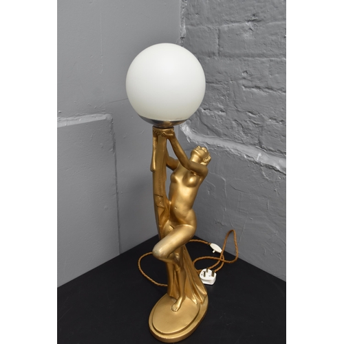 279 - Stunning Large Art Deco 1930's Chalkware Brass Effect Naked Lady Lamp working when tested approx 27