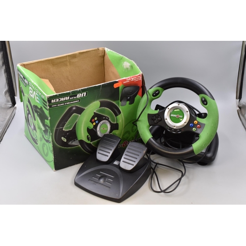 490 - Xbox v8 racer wheel and pedals in green and black