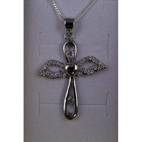 86 - A Clear Stoned Guardian Angel Pendant, On 925. Silver Chain. In Presentation Box