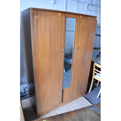 501 - Vintage teak double wardrobe with mirror strip in between the doors (68