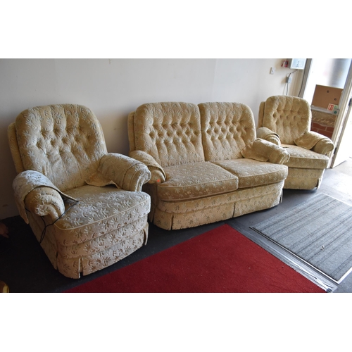 509 - Two seater sofa with floral design and two electric recliner chairs (very heavy) Chairs seemed to fu... 