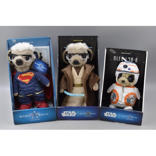 576 - Three Meerkat Soft Toys with two Star Wars and Superman all Boxed