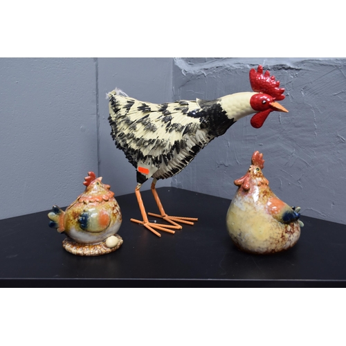 584 - Collection of Hen Statues to include a Metal Life size Hen and Two Studio Pottery Money Boxes (1 a/f... 