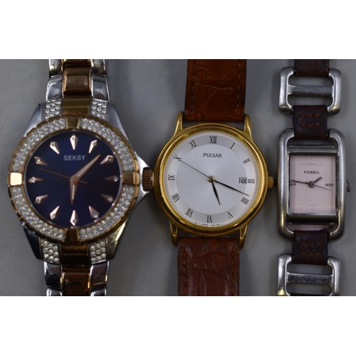 137 - Three Nice Quality Working Watches to include Pulsar, Seksy and Fossil