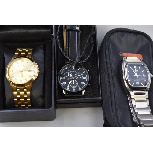 139 - Three Gents Designer Watches with Cases including Gianni Ricci, Geneva and Loaded (Working)