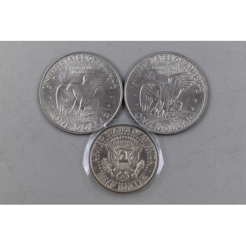 164A - Silver USA One Dollars 1971 (x2) and a Half Dollar 1966