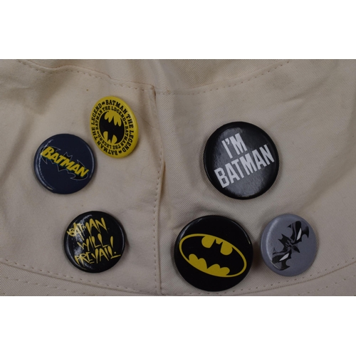 376 - A Bucket Hat, With Various Collectable Batman Badges