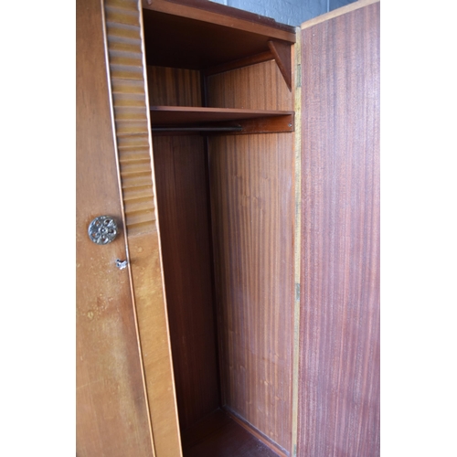 503 - Vintage teak double wardrobe with brass door handles and two keys (72