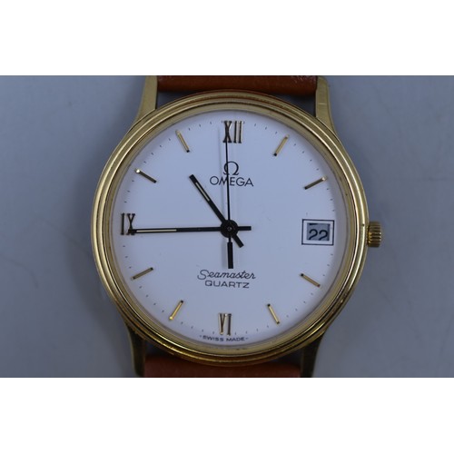 49 - Omega Seamaster Quartz with Leather Strap and Service Receipt