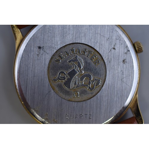 49 - Omega Seamaster Quartz with Leather Strap and Service Receipt