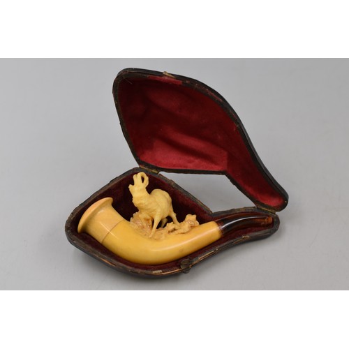 52 - Small Goat Themed Meerschaum Pipe in Original Case