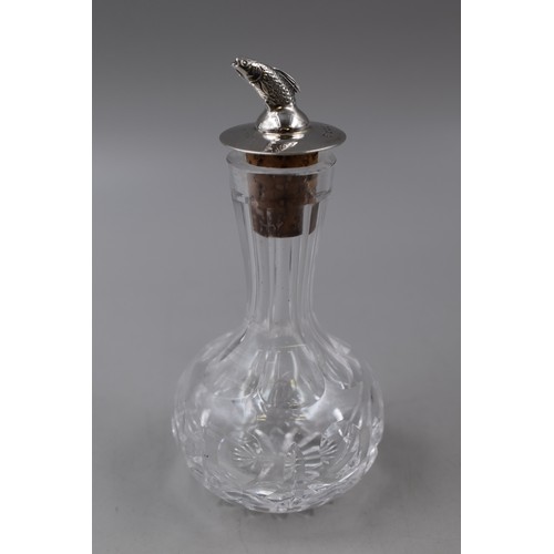 Vintage Cut Glass Vinegar Bottle with Hallmarked Birmingham Silver c.1975 Stopper with Fish on top, Maker J B Chatterley & Sons Ltd