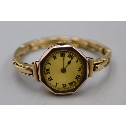 6 - Hallmarked 9ct (375) Gold Cased Ladies 15 Jewel Wrist Watch with Strap