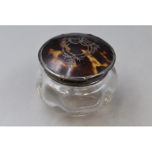 7 - Hallmarked Birmingham Silver 1923 Tortoise Shell Lidded Glass Pot