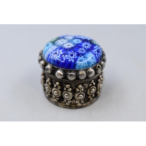 10 - An Unmarked Silver Millefiori Topped Velvet Lined Lidded Trinket Pot, Approx 3.5cm Diameter